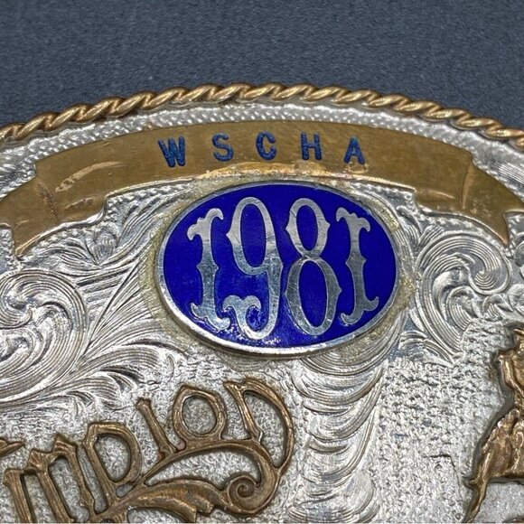 Vintage Large Silver Belt Buckle Authentic 1981 Champion Calf Roping WSCHA 🇺🇸 - Picture 5 of 15